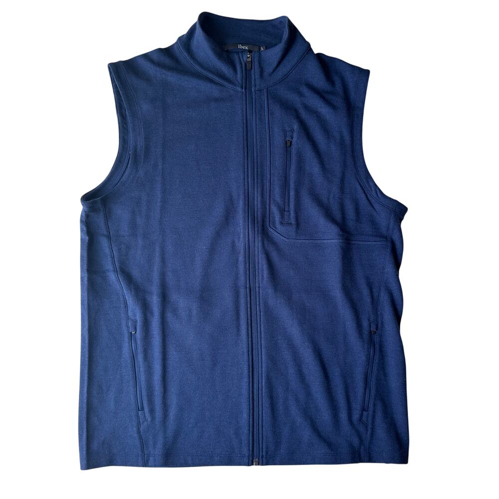 ibex Men's Large Shak Midlayer 100% Merino Wool Blue Zip up Vest